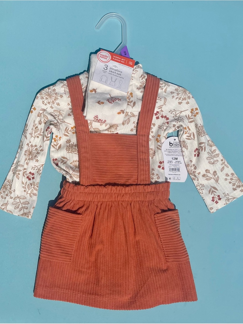wonder nation Rust Corduroy Suspender Skirt Set with Floral Top
